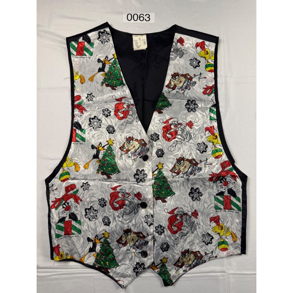Vintage 1993 Looney Tunes Christmas Vest Silver Jacquard Warner Bros S/M